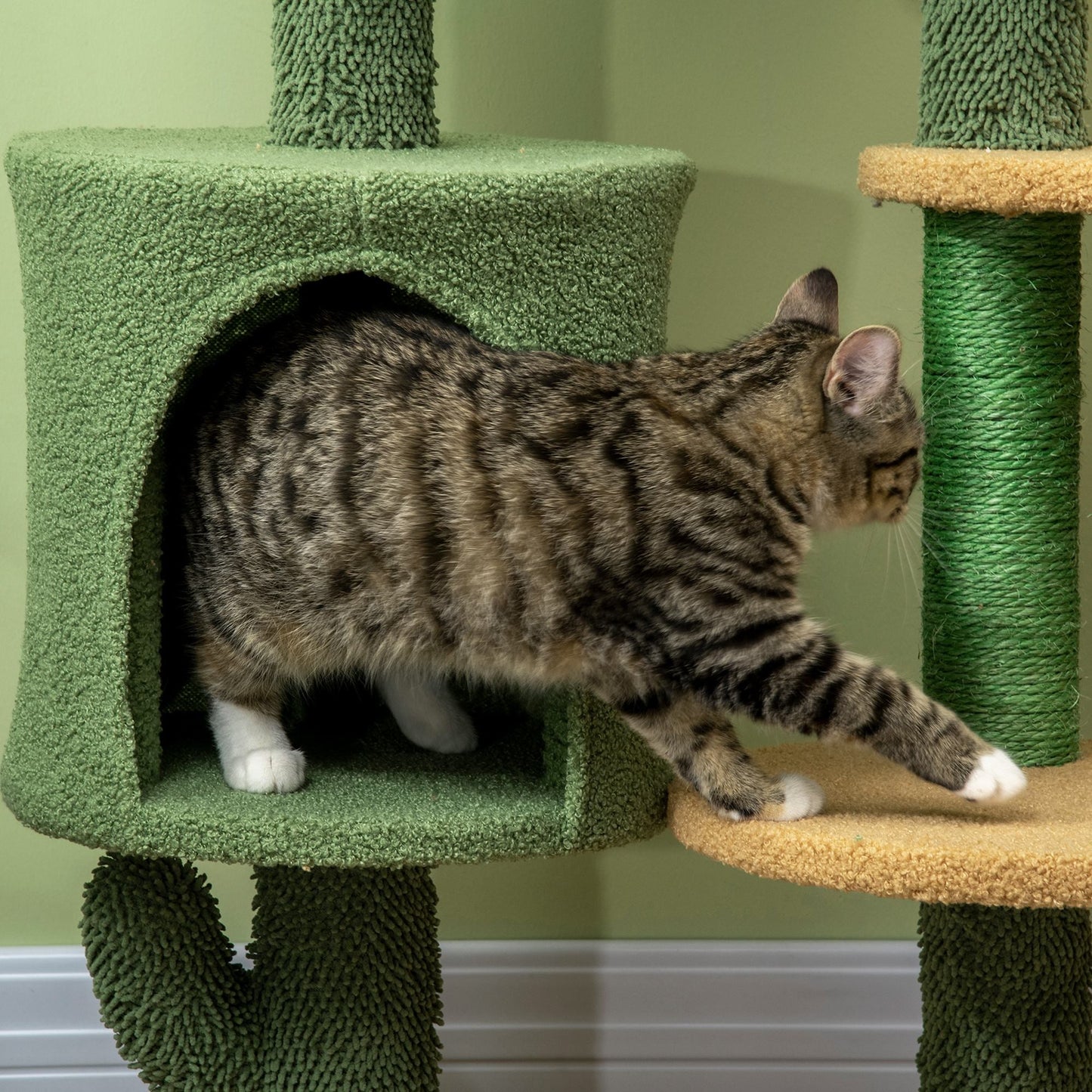 PawHut Cactus Cat Tree, 90cm Cat Climbing Tower, kitten Activity Centre with Teddy Fleece House, Bed, Sisal Scratching Posts and Hanging Ball, Green