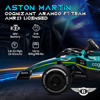 Dziecięcy gokart wyścigowy AIYAPLAY Aston Martin z licencją 12 V, Bluetooth, 4 koła z zawieszeniem, światła muzyczne i klakson, kolor zielony