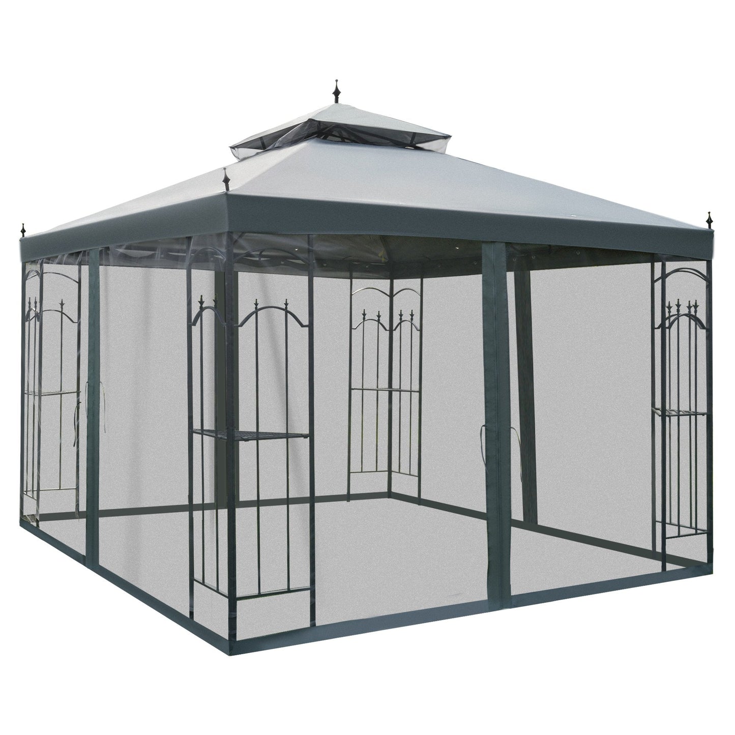 Outsunny 3 X 3 M Garden Gazebo Double Top Outdoor Canopy Patio Event Party Wedding Tent Backyard Sun Shade with Mesh Curtain - Grey