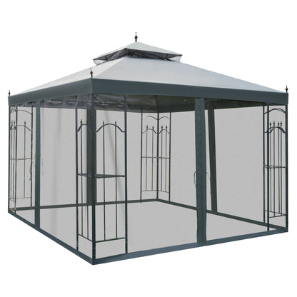 Outsunny 3 X 3 M Garden Gazebo Double Top في الهواء الطلق المظلة الفناء الحدث حفل زفاف خيمة الفناء الخلفي الشمس الظل مع شبكة الستار - رمادي