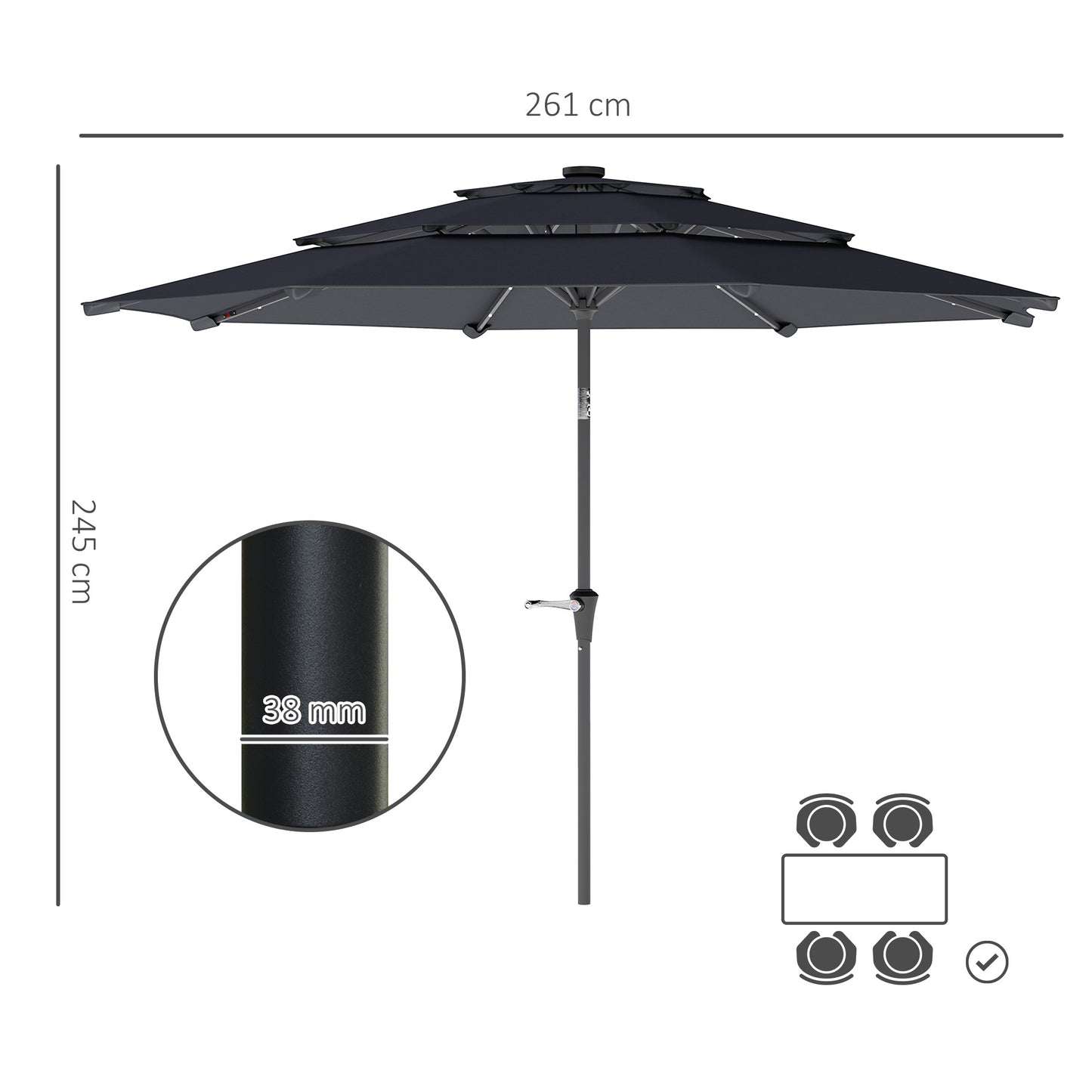 Outsunny 3-poziomowy parasol ogrodowy z lampami LED zasilanymi energią słoneczną, UPF 30+, mechanizmem pochylania i korbą, na taras w kolorze ciemnoszarym