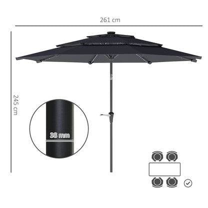 Outsunny 3-poziomowy parasol ogrodowy z lampami LED zasilanymi energią słoneczną, UPF 30+, mechanizmem pochylania i korbą, na taras w kolorze ciemnoszarym