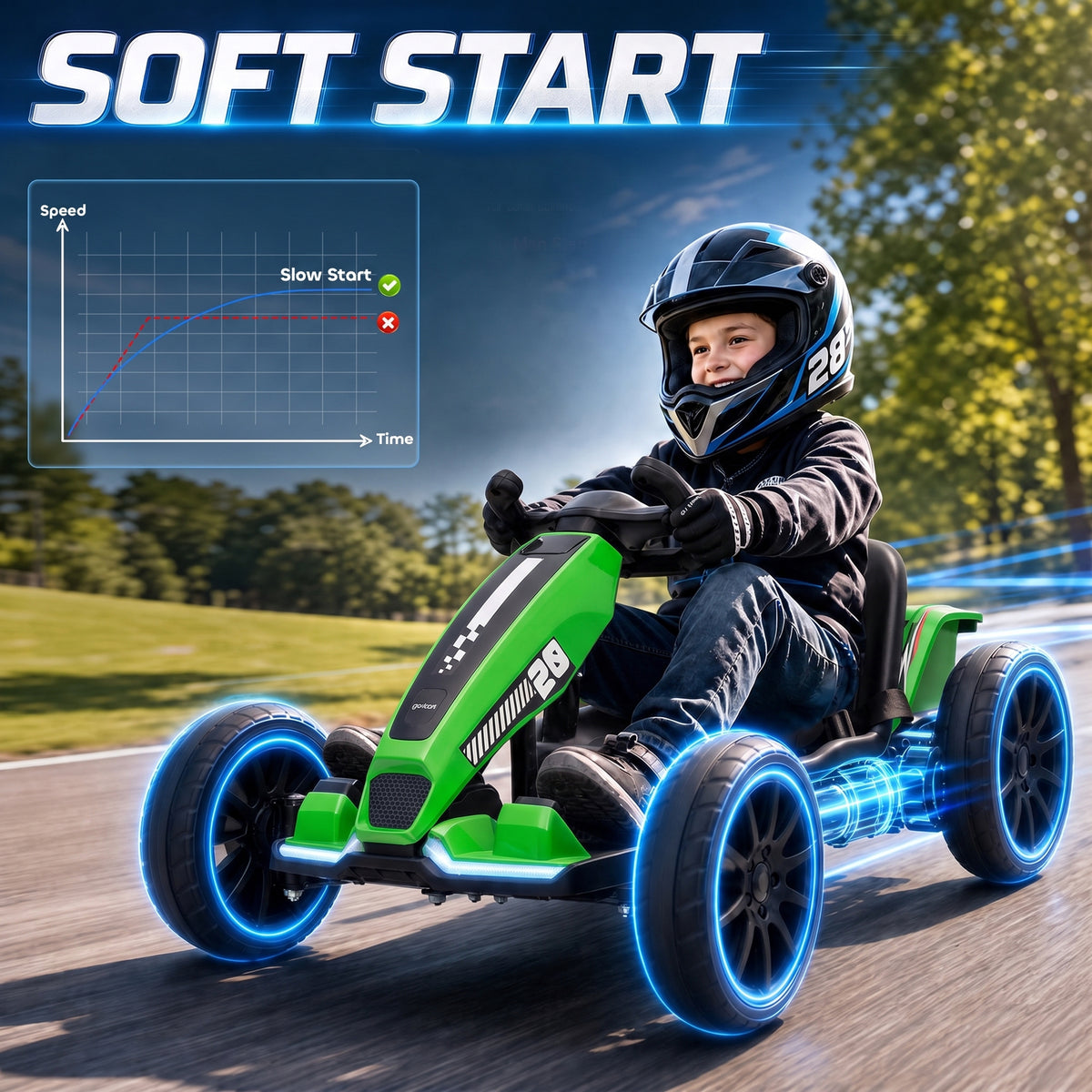 AIYAPLAY 12V Electric Go Kart for Kids with Dual Motors, Adjustable Seat, Soft Start, LED Lights, EVA Wheels, for Age 3-6, Green