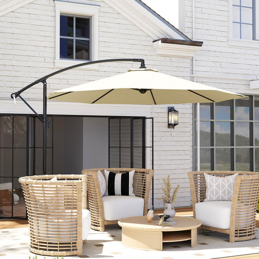 Outsunny 3 m Parasol Garden Sun Umbrella Banana Hanging Rattan Set Umbrella Cantilever - Cream white