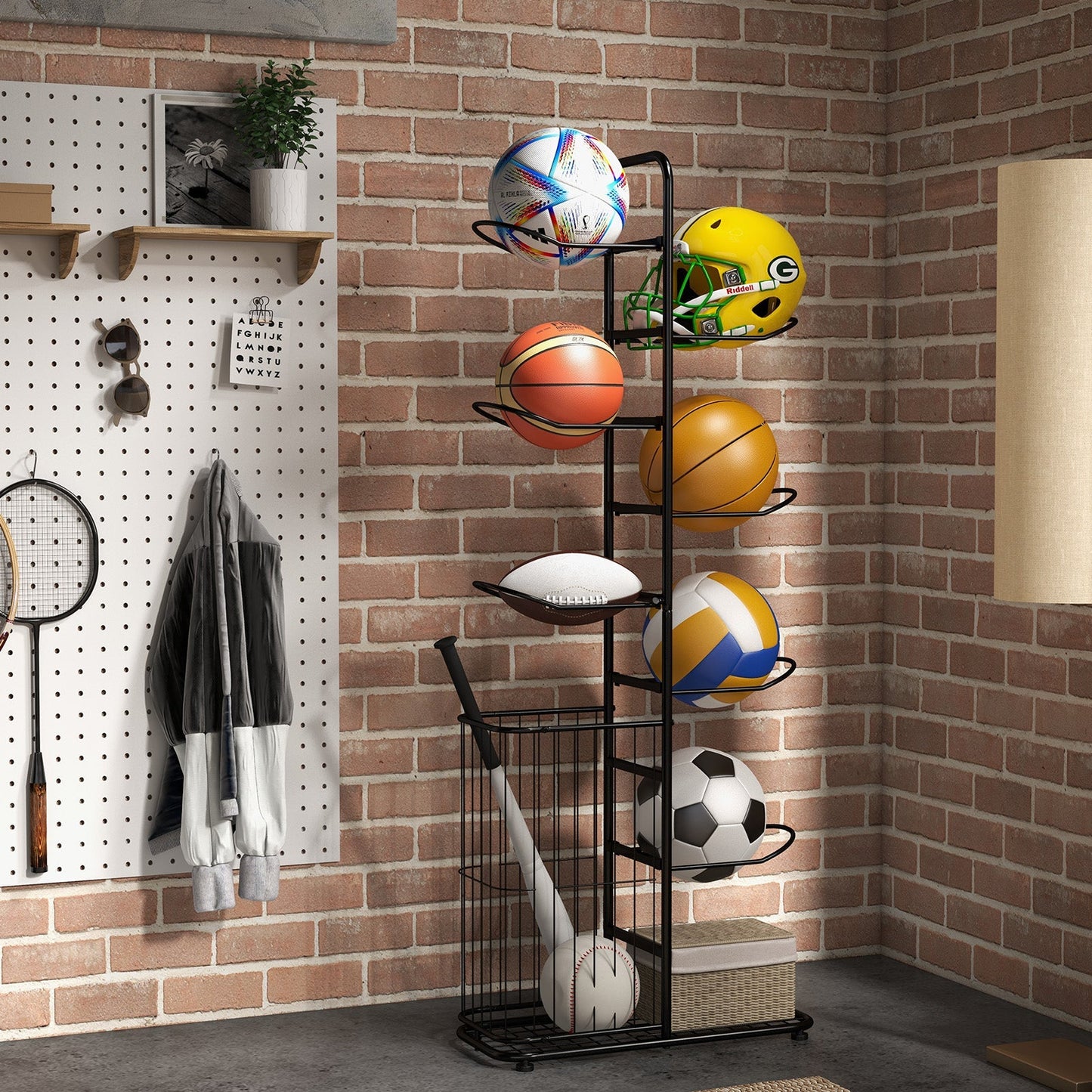 7-Tier Ball Storage Rack with Removable Hanging Rods and Side Basket