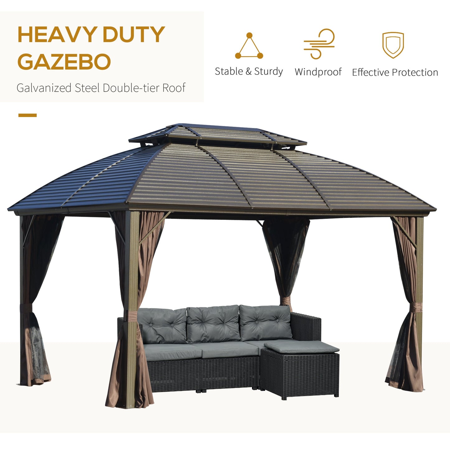 Outsunny 3.65 x 3(m) Hardtop Steel Gazebo Canopy for Patio Heavy Duty Outdoor Pavilion with Aluminium Alloy Frame, Double Roof, Net Sidewalls and Curtains, Brown