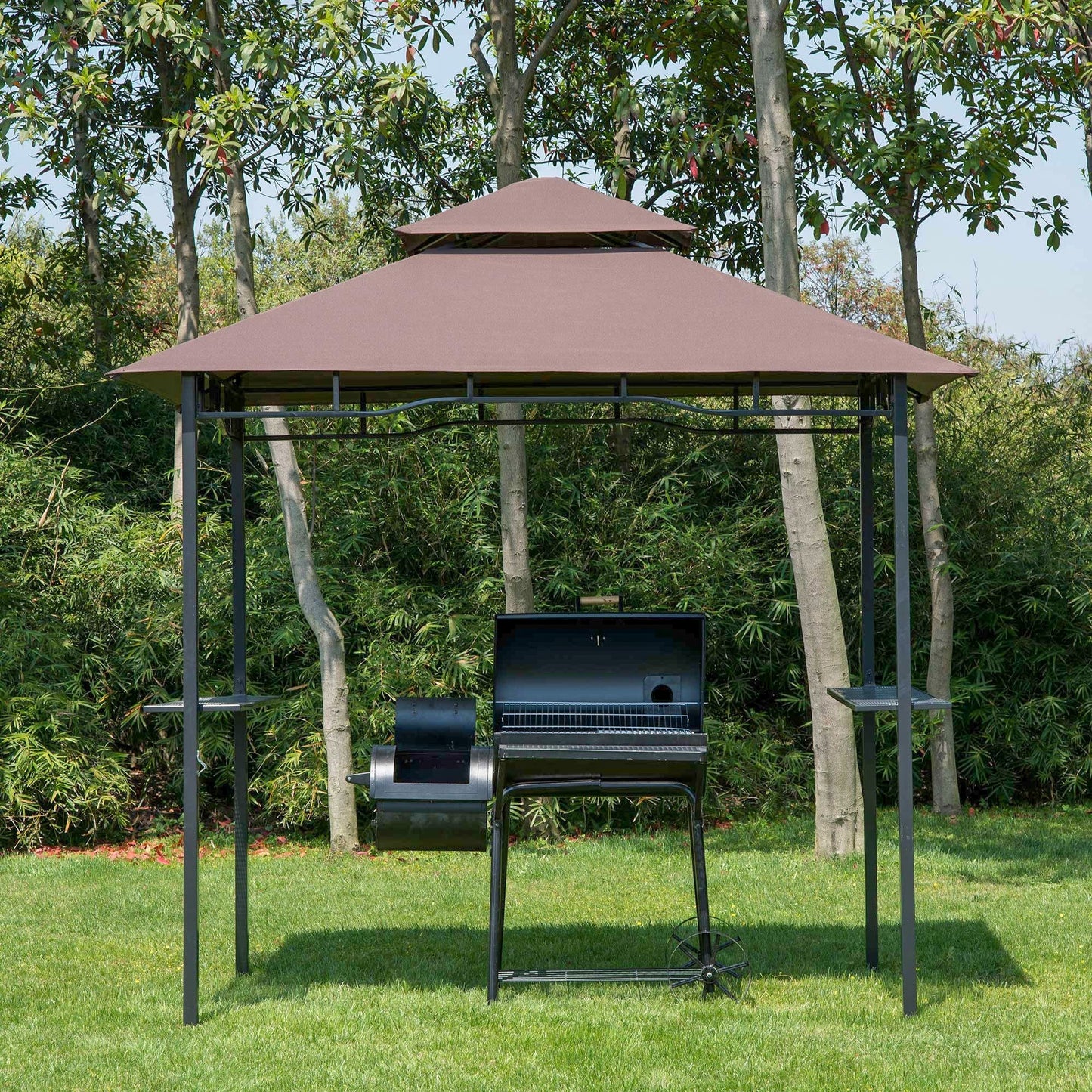 Outsunny 2.5x1.5m (8'x5') Grill Gazebo Canopy, Double Tiered Outdoor BBQ Gazebo Shelter with 2 Side Shelves for Garden, Patio, Barbecue, Picnic, Coffee