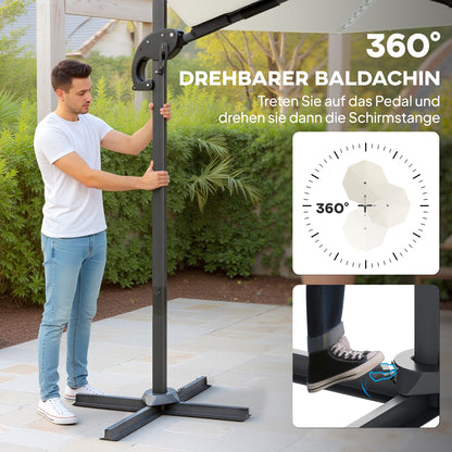 Outsunny 3(m) Cantilever Garden Parasol with Solar Powered Lights, Crank Handle & Cross Base, UPF 50+, 360° Rotation, Cream