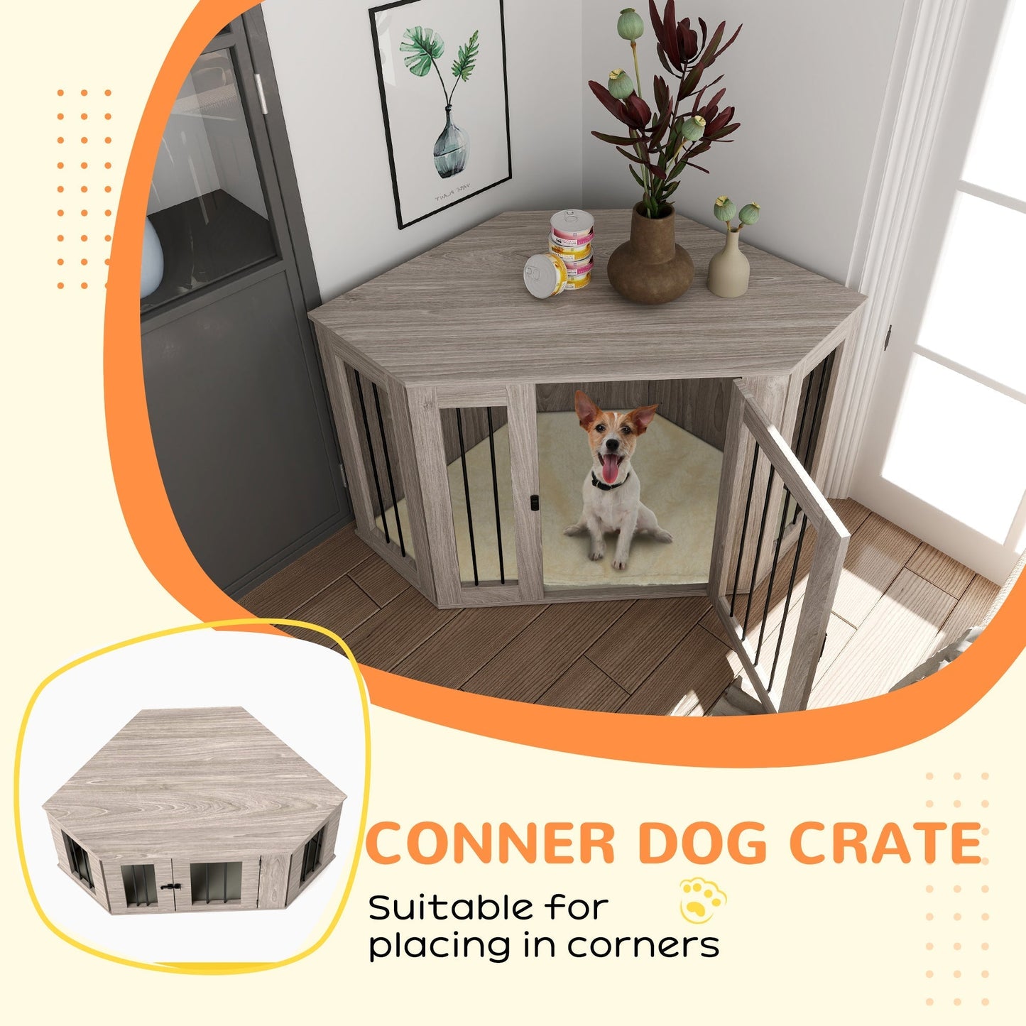 PawHut Dog Crate Furniture Side Table, with Cushion, 122 x 61 x 71cm - Walnut Brown