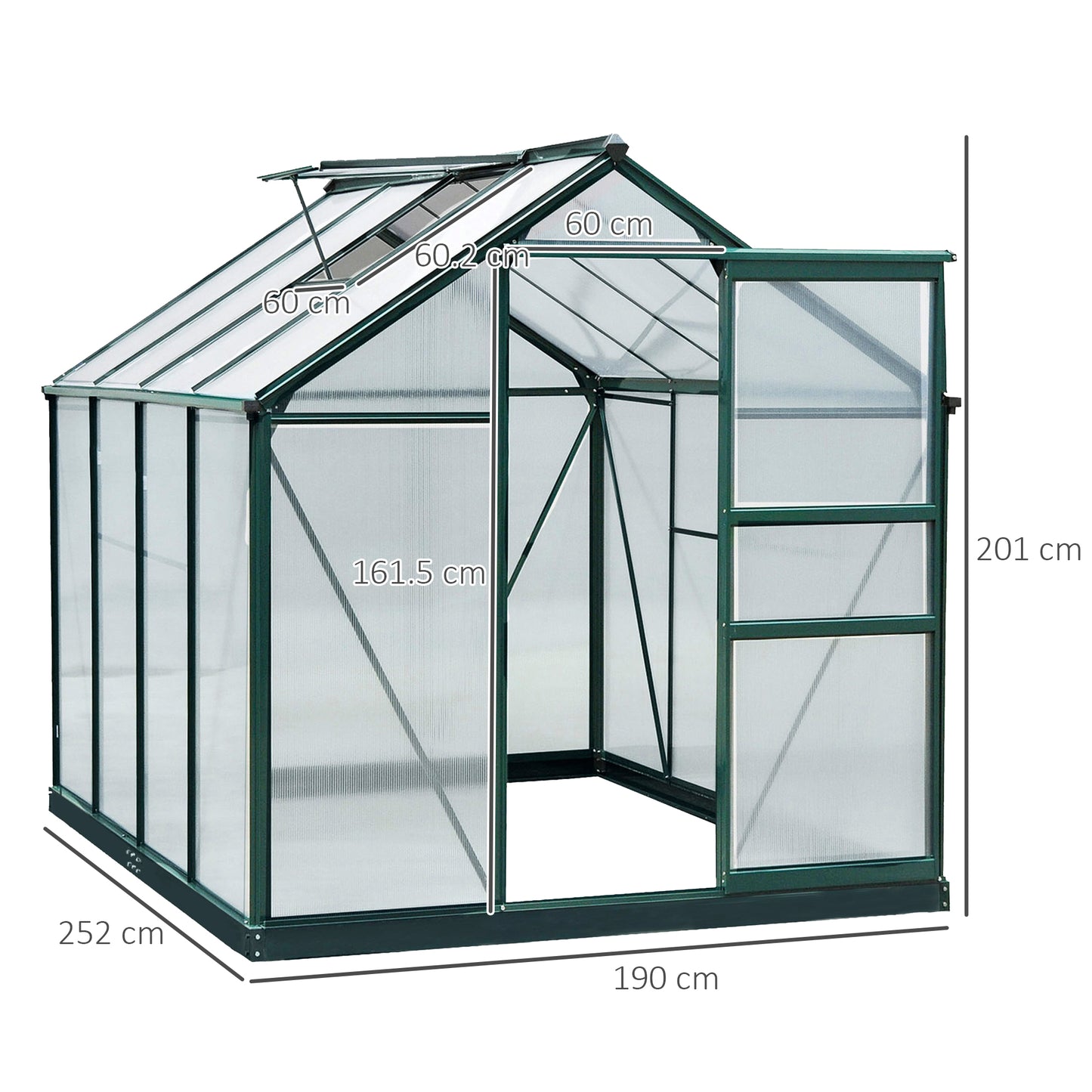 Outsunny 6 x 8ft Poliwęglanowa szklarnia, duża szklarnia typu walk-in z przesuwanymi drzwiami i oknem, domek do uprawy roślin ogrodowych z aluminiową ramą i fundamentem, ciemnozielony