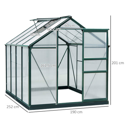 Outsunny 6 x 8ft Poliwęglanowa szklarnia, duża szklarnia typu walk-in z przesuwanymi drzwiami i oknem, domek do uprawy roślin ogrodowych z aluminiową ramą i fundamentem, ciemnozielony
