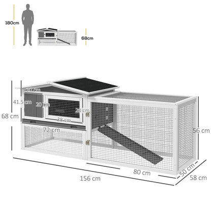 PawHut Rabbit Hutch with Run Wooden Guinea Pig Hutch Outdoor Bunny Cage Hide House with Sliding Tray, Hay Rack, Ramp, 156 x 58 x 68cm, Grey