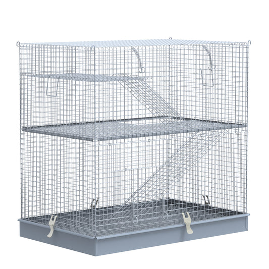 PawHut 3-Level Metal Hamster Cage Platform Feeding Habitat Easy Clip Base Ladder, Grey