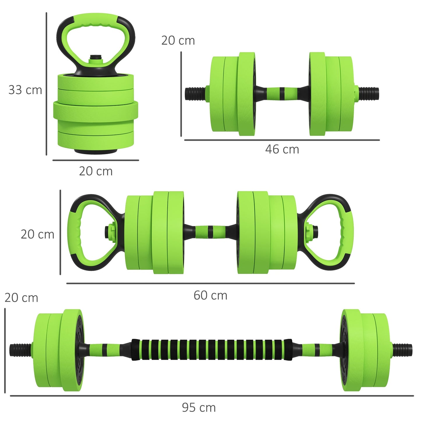 SPORTNOW 20kg Four-In-One Adjustable Weight Dumbbells Set, Barbell, Kettlebell, Push Up Stand - Green