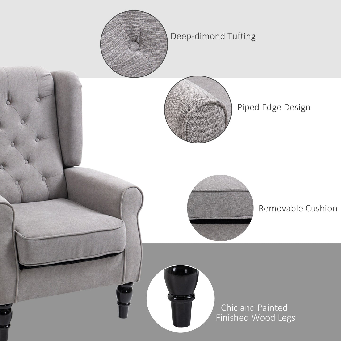 Retro Accent Chair, Wingback Armchair with Wood Frame Button Tufted Design for Living Room Bedroom, Grey