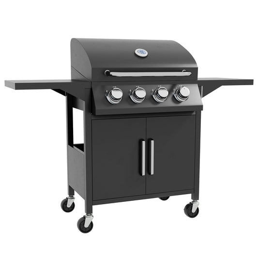 Outsunny 4-palnikowy grill gazowy, przenośny wózek do grillowania na zewnątrz z rusztem do podgrzewania, półkami bocznymi, szafką do przechowywania, termometrem