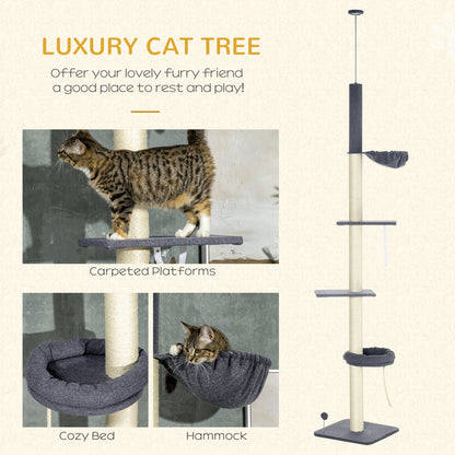 PawHut 240-270cm Floor-To-Ceiling Cat Tree, 5 Tier Cat Climbing Tower, with Bed, Hammock, Platforms, Dark Grey and Cream