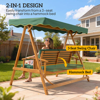 Outsunny 3 Seater 2-in-1 Wooden Garden Swing Seat Swing Chair, Outdoor Convertible Hammock Bench w/cushion, Furniture Lounger Bed, Dark Green