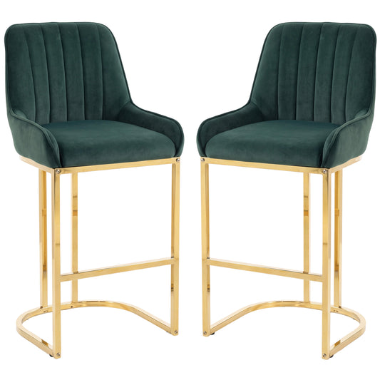 HOMCOM Bar Stools Set of 2 with Backrest, Footrest, Gold Electroplated Legs for Kitchen Island, Dining Room, Dark Green
