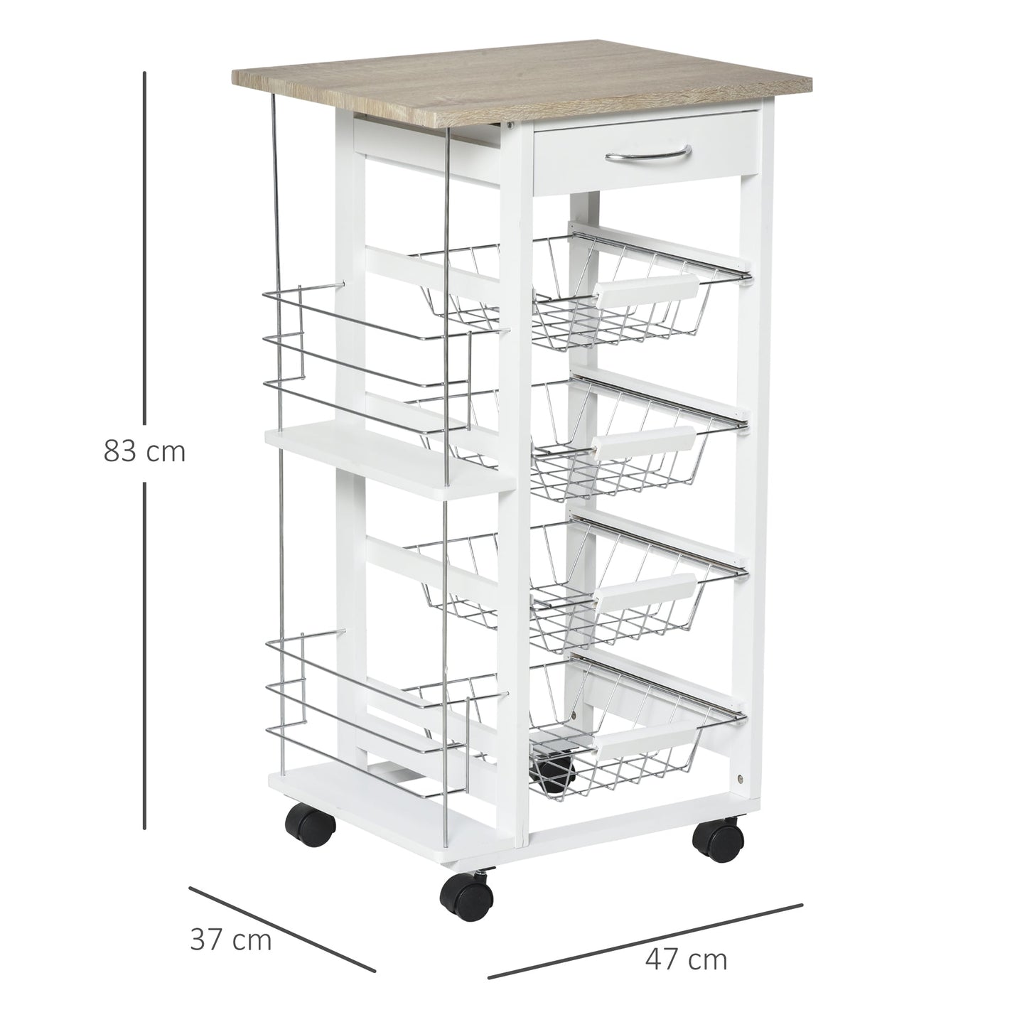 Rolling Kitchen Cart, Utility Storage Cart with 4 Basket Drawers & Side Racks, Wheels for Dining Natural / White