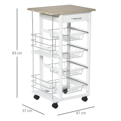 Rolling Kitchen Cart, Utility Storage Cart with 4 Basket Drawers & Side Racks, Wheels for Dining Natural / White