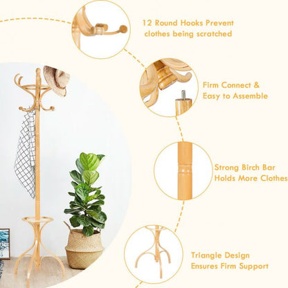 Practical Birch Coat Stand with 360°Rotating Top Tier for Hat &amp; Jacket Oak