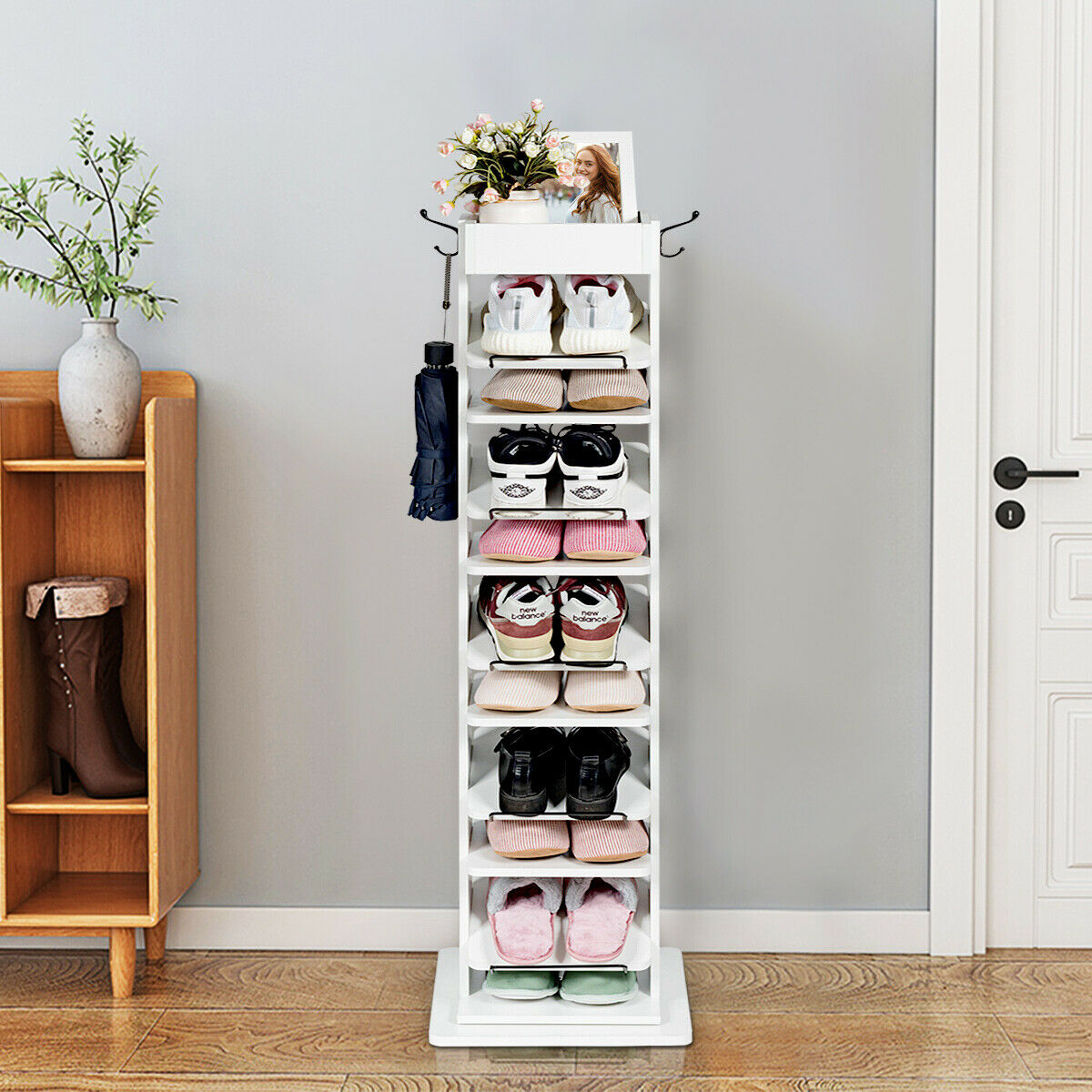 11 Tier 360° Rotating Shoe Organiser with 2 Hooks-White