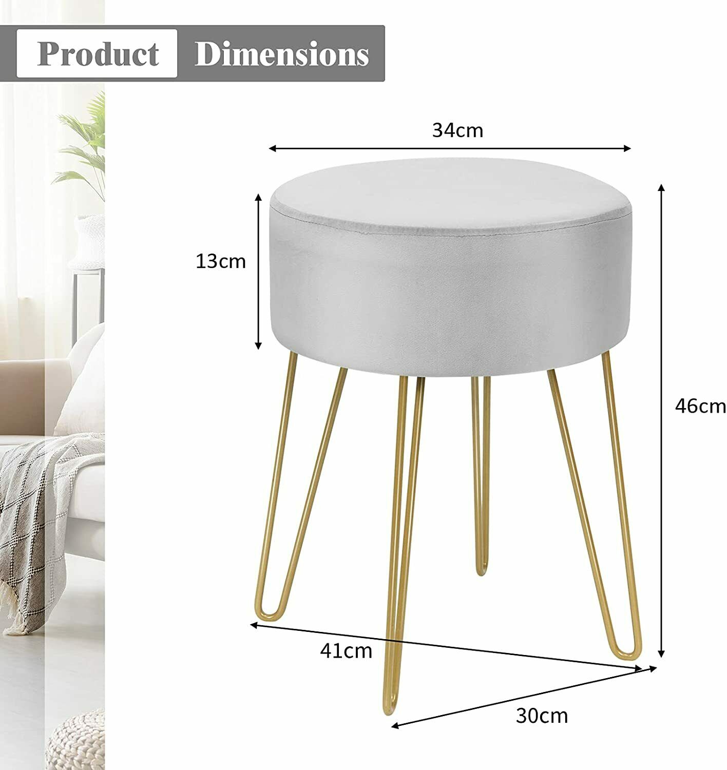 Round Velvet Stool with Hairpin Legs-Gray