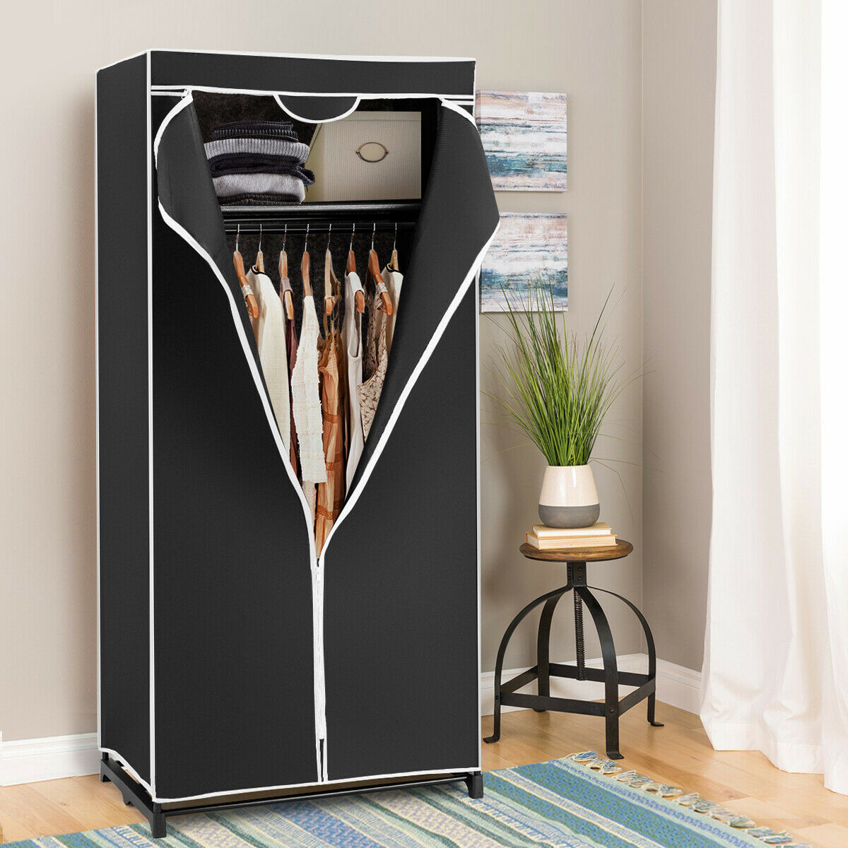 Single Canvas Wardrobe with Dust-proof Cover-Black