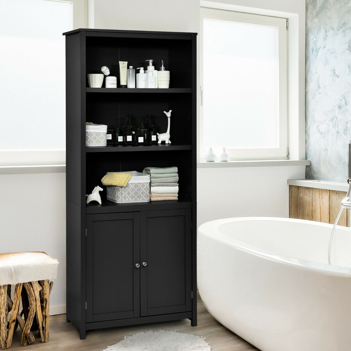 Wooden Tall Bookcase with 3-Tier Storage Cabinet-Black