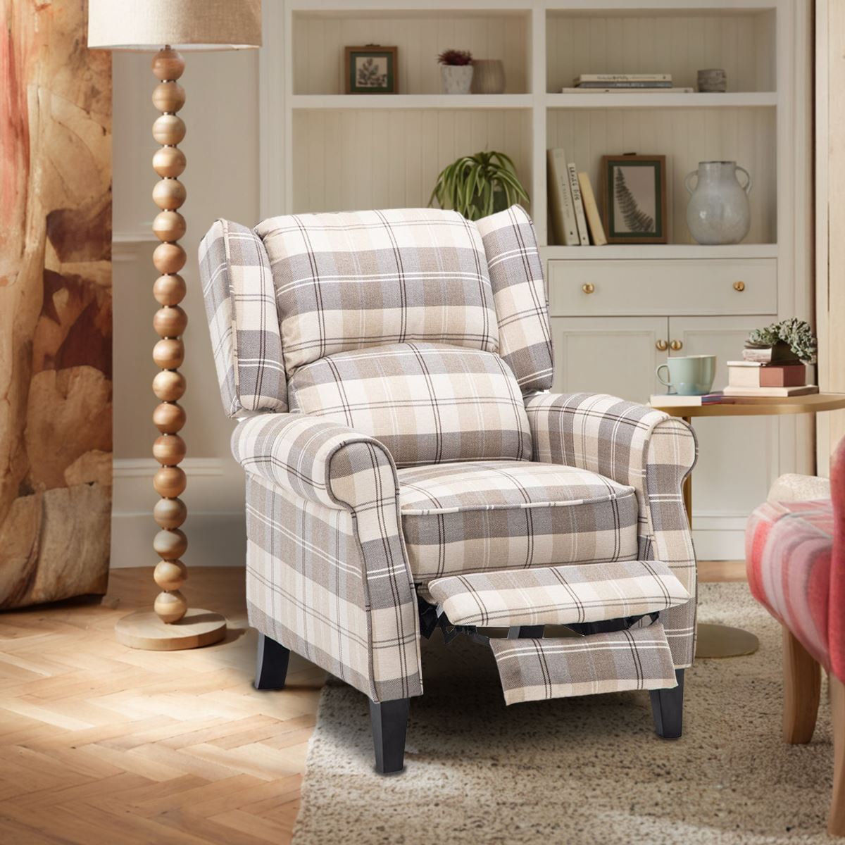 Tartan Upholstered Recliner Chair with Comfortable and Relaxing Footrest