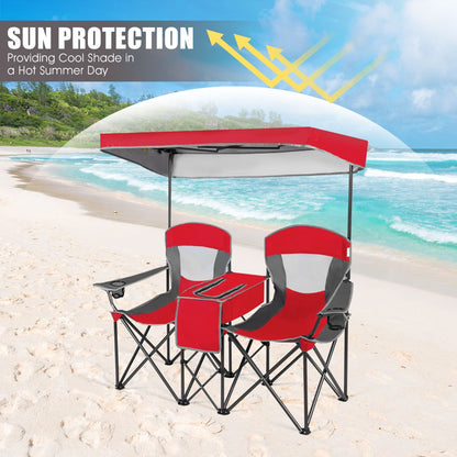 Double Folding Camping Chair with Canopy and Armrests-Red