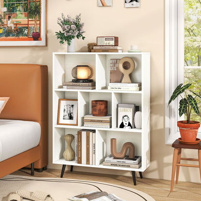 7-Cube Bookcase Mid Century Modern Storage Organizer with 4 Tapered Metal Legs-White