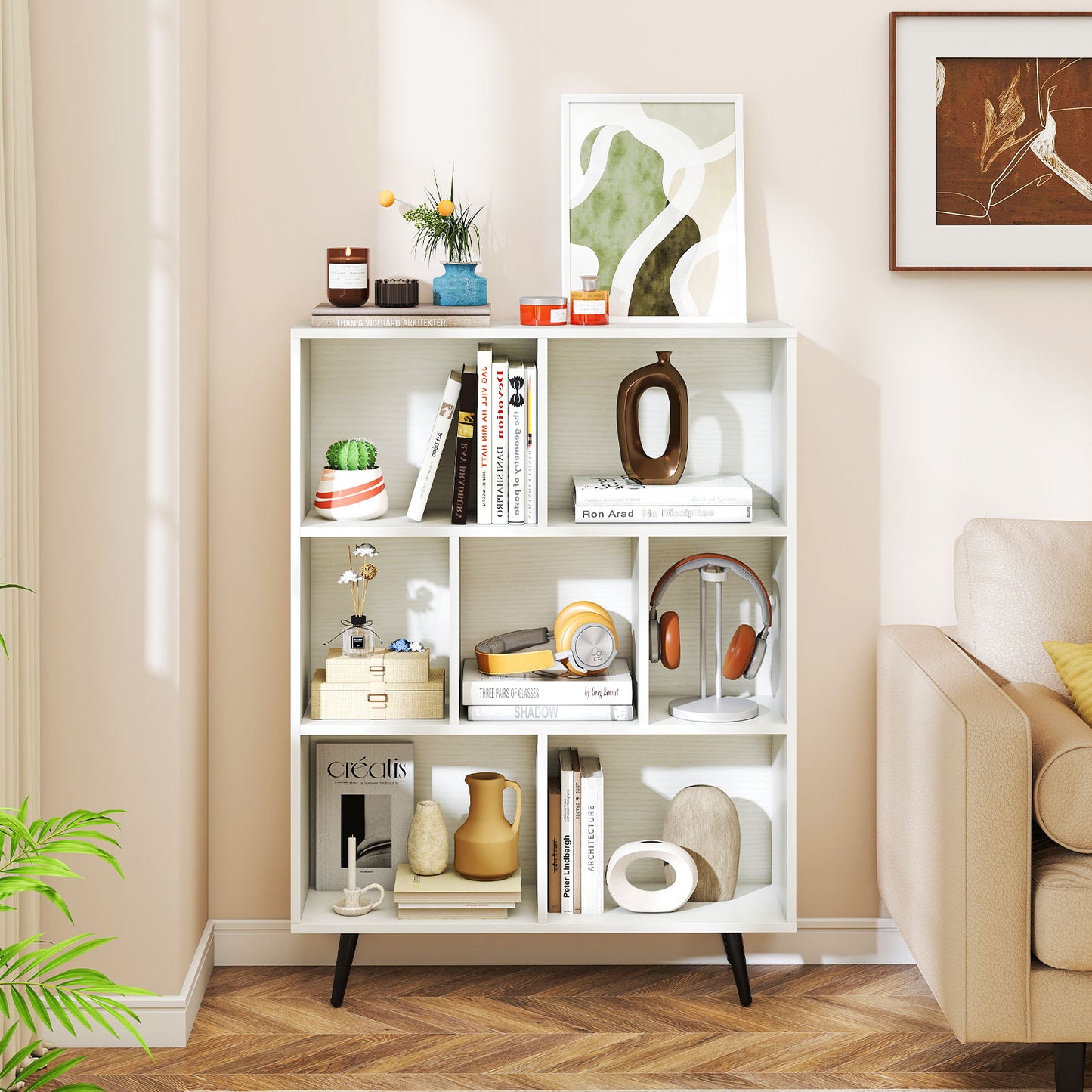 7-Cube Bookcase Mid Century Modern Storage Organizer with 4 Tapered Metal Legs-White
