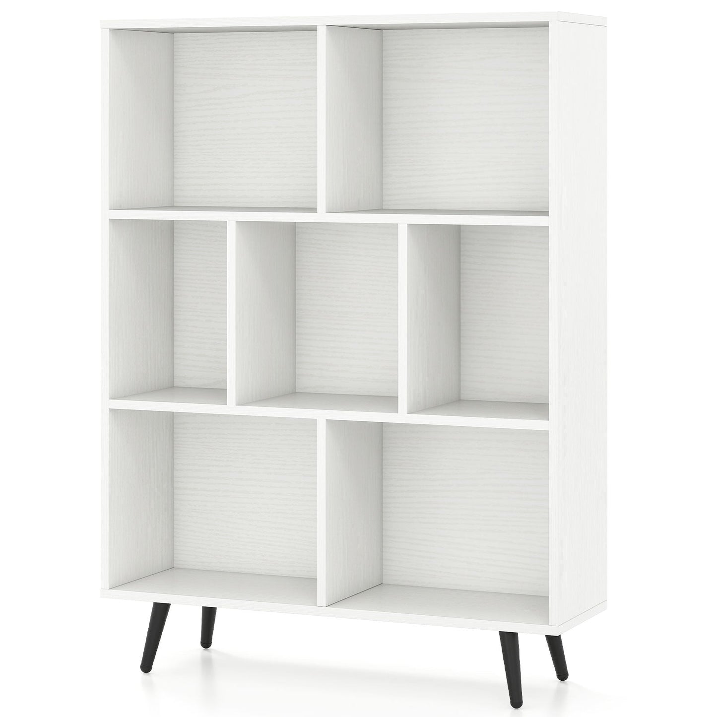 7-Cube Bookcase Mid Century Modern Storage Organizer with 4 Tapered Metal Legs-White
