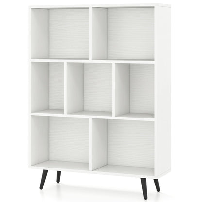7-Cube Bookcase Mid Century Modern Storage Organizer with 4 Tapered Metal Legs-White