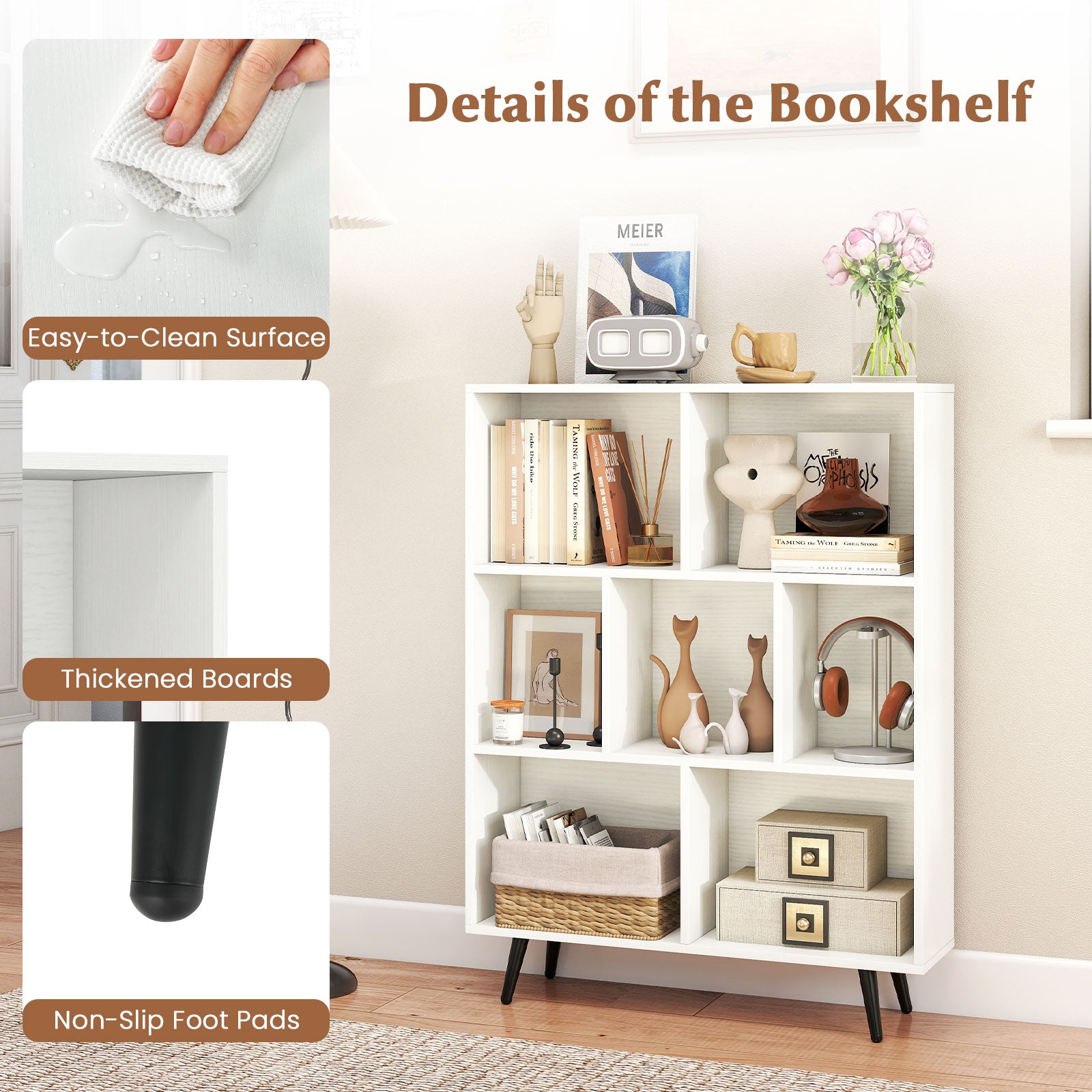 7-Cube Bookcase Mid Century Modern Storage Organizer with 4 Tapered Metal Legs-White