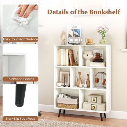 7-Cube Bookcase Mid Century Modern Storage Organizer with 4 Tapered Metal Legs-White