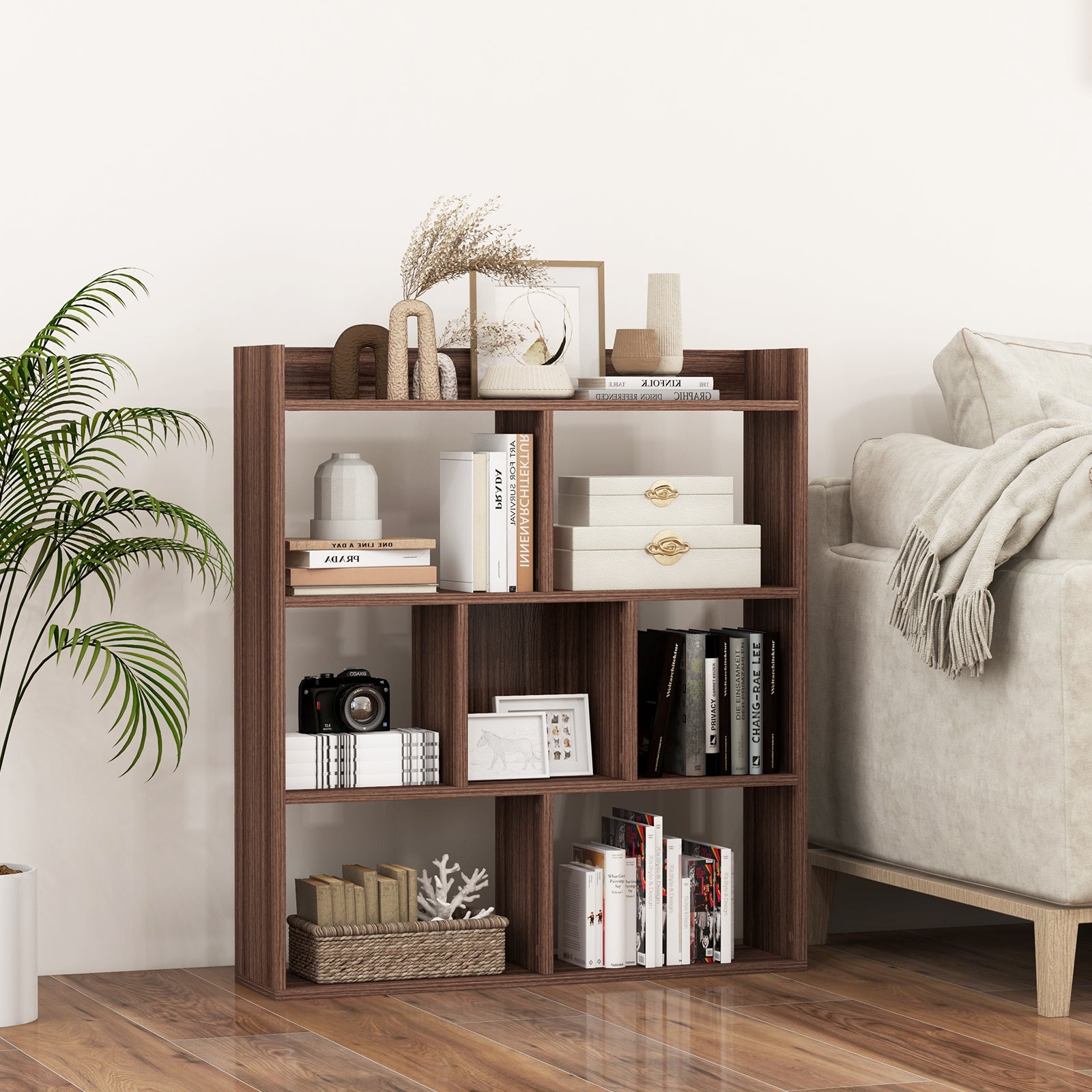 7 Cubes Open-back Bookshelf Home Storage Display Shelf-Walnut