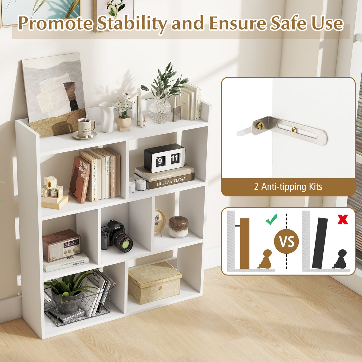 7 Cubes Open-back Bookshelf Home Storage Display Shelf-White