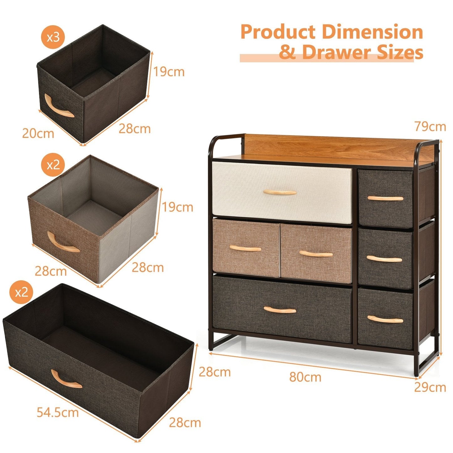 7-Drawer Dresser with Wooden Top for Bedroom Hallway