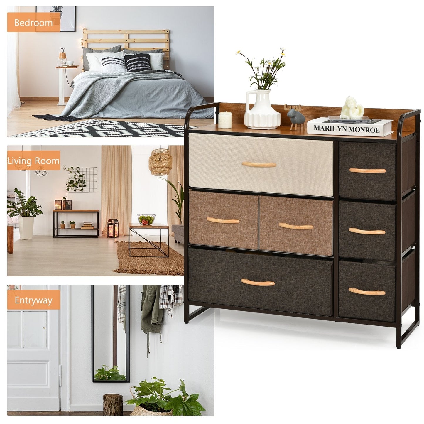 7-Drawer Dresser with Wooden Top for Bedroom Hallway