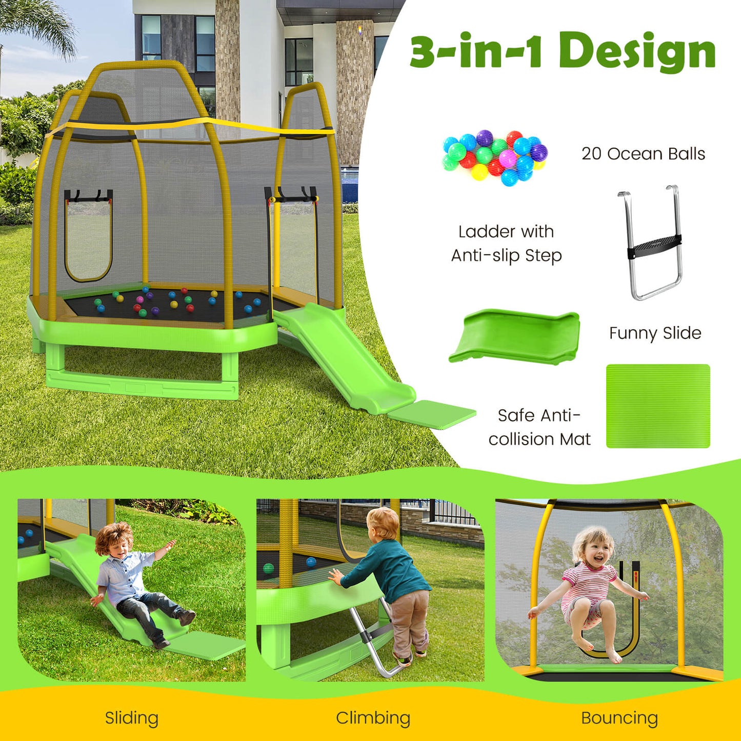 7 Feet Hexagonal Trampoline with Slide and Safety Enclosure Net-Green