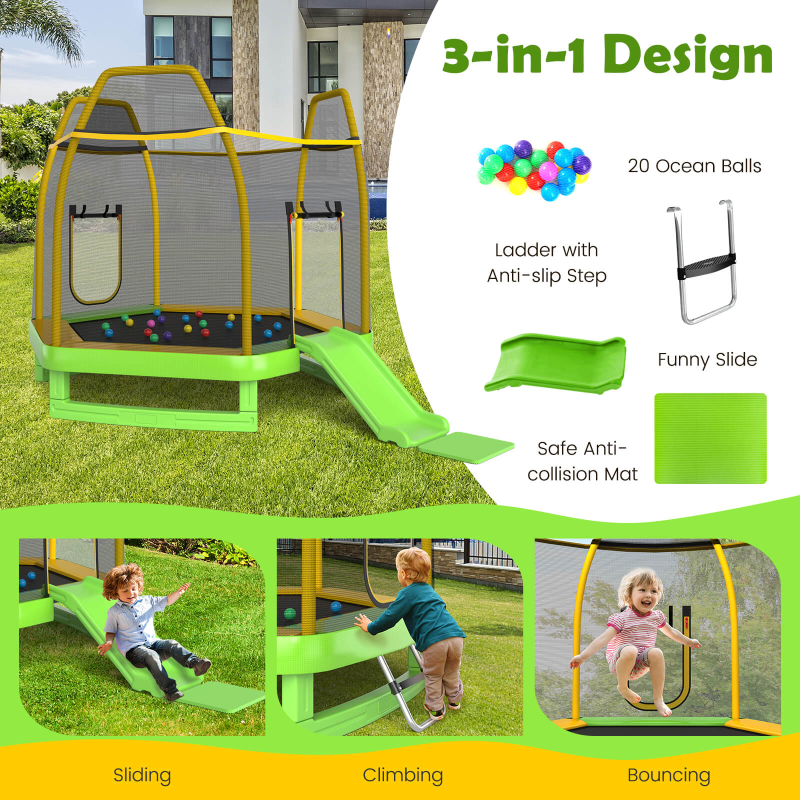 7 Feet Hexagonal Trampoline with Slide and Safety Enclosure Net-Green