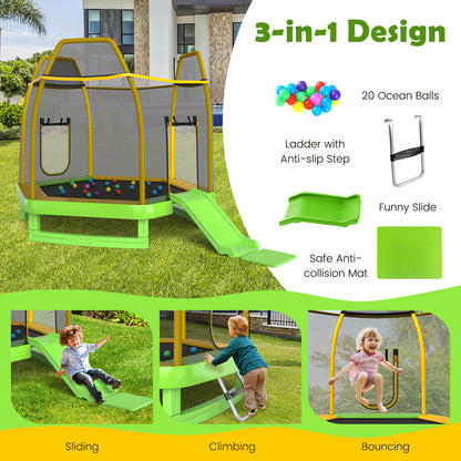 7 Feet Hexagonal Trampoline with Slide and Safety Enclosure Net-Green