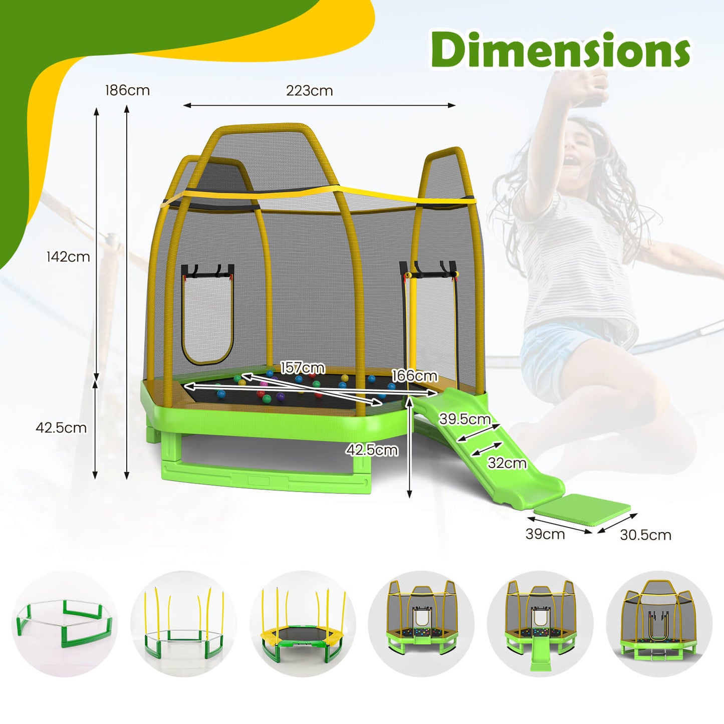 7 Feet Hexagonal Trampoline with Slide and Safety Enclosure Net-Green