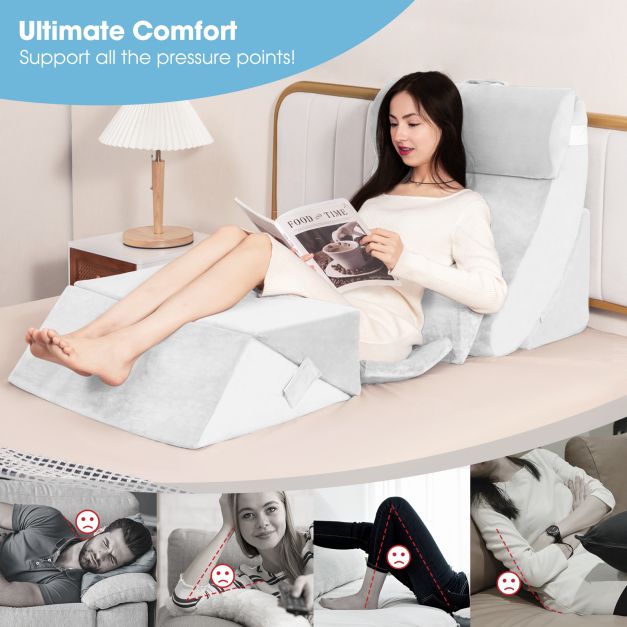7 PCS Adjustable Support Pillow Set Bed Wedge Pillows with Memory Foam-White