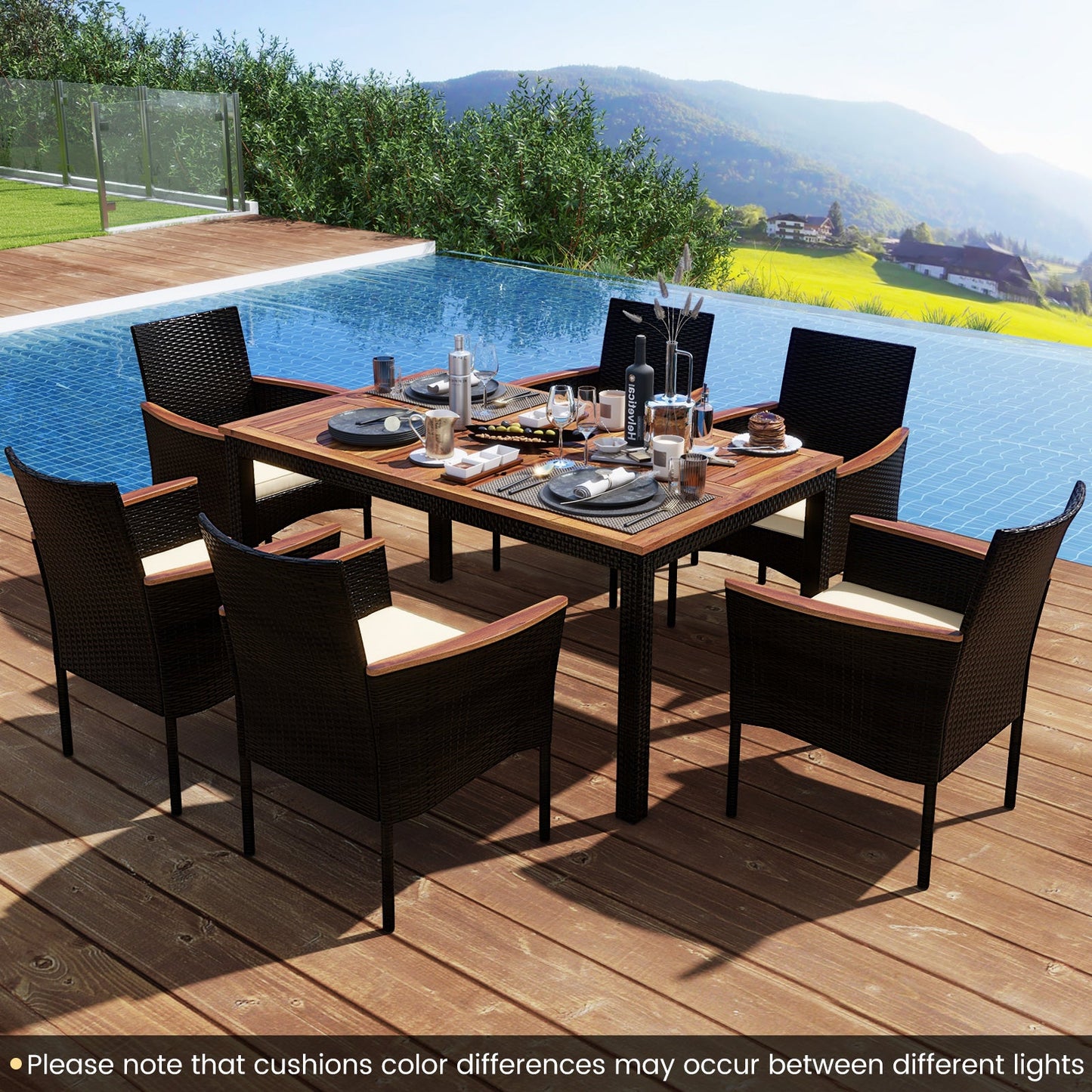 7 Pieces PE Rattan Outdoor Patio Dining Set for Yard Garden and Poolside-Brown
