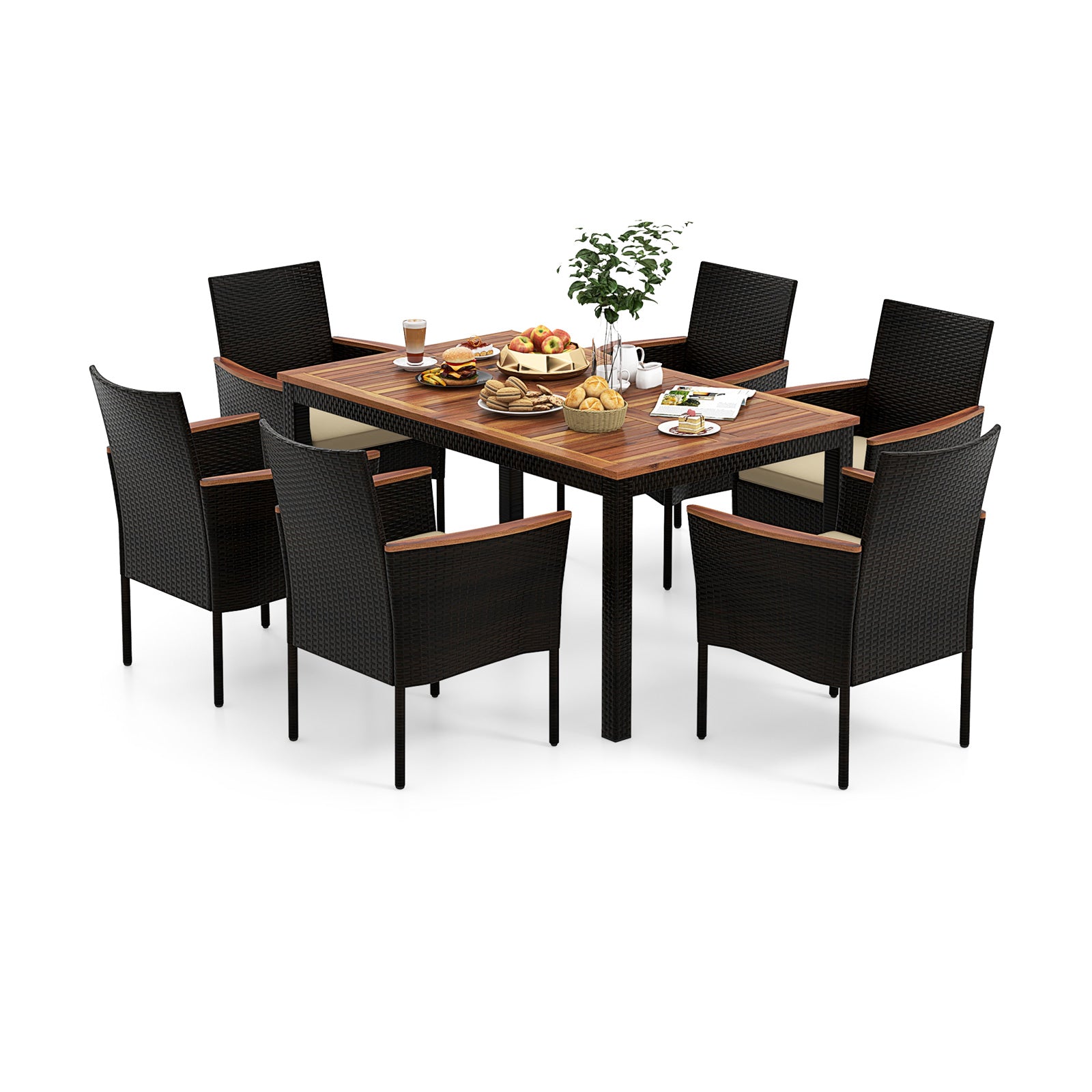7 Pieces PE Rattan Outdoor Patio Dining Set for Yard Garden and Poolside-Brown
