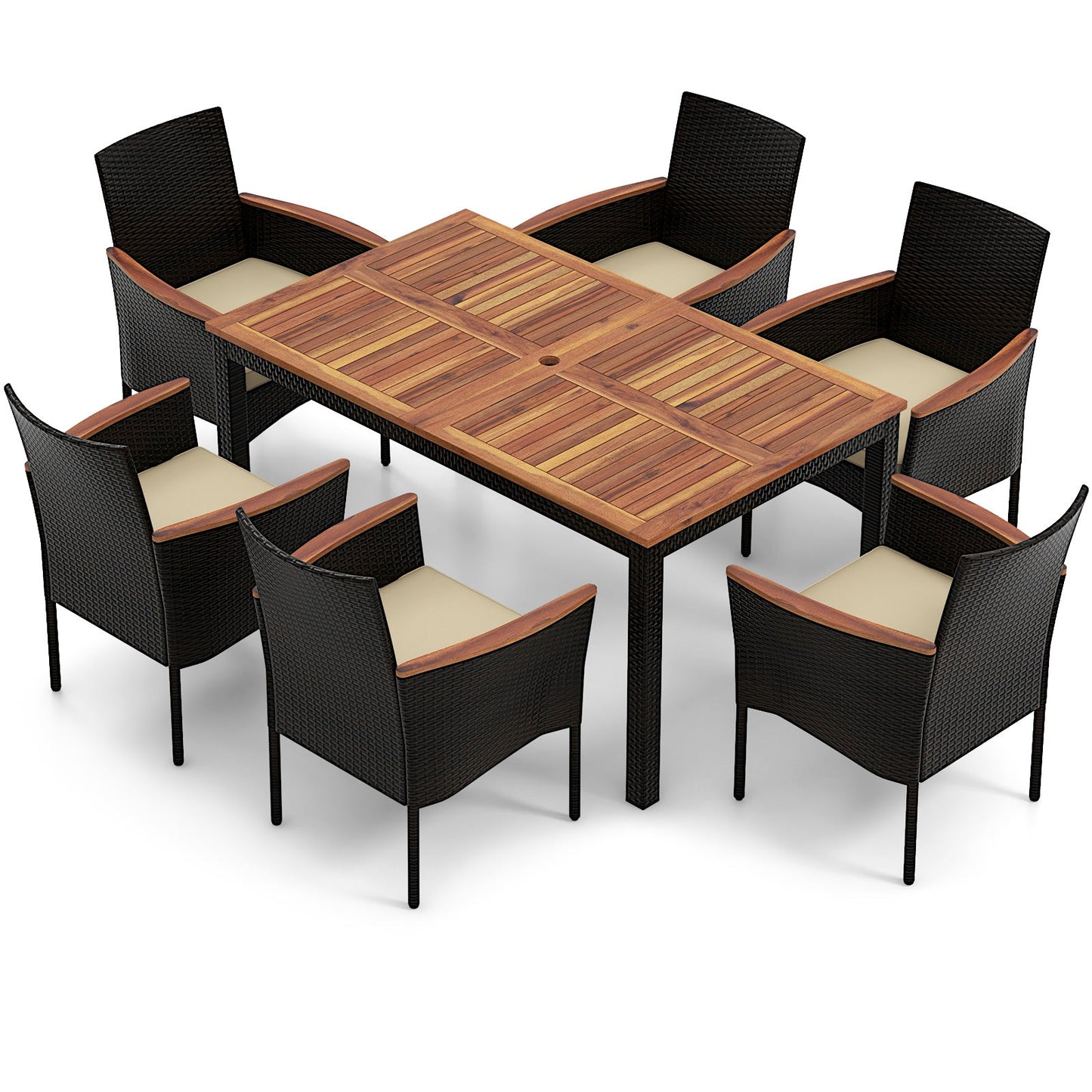 7 Pieces PE Rattan Outdoor Patio Dining Set for Yard Garden and Poolside-Brown